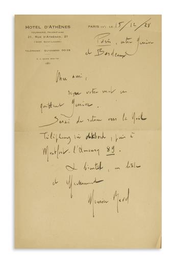 RAVEL, MAURICE. Two items: Autograph Musical Quotation Signed * Autograph Letter Signed.